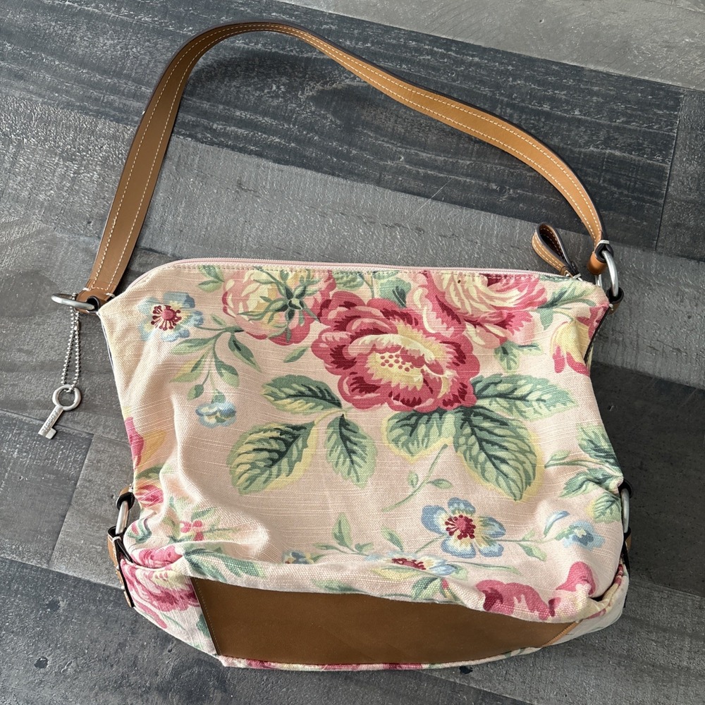 FOSSIL 75082 Cottagecore Canvas Rose Peach Purse Leather Strap Shoulder Bag